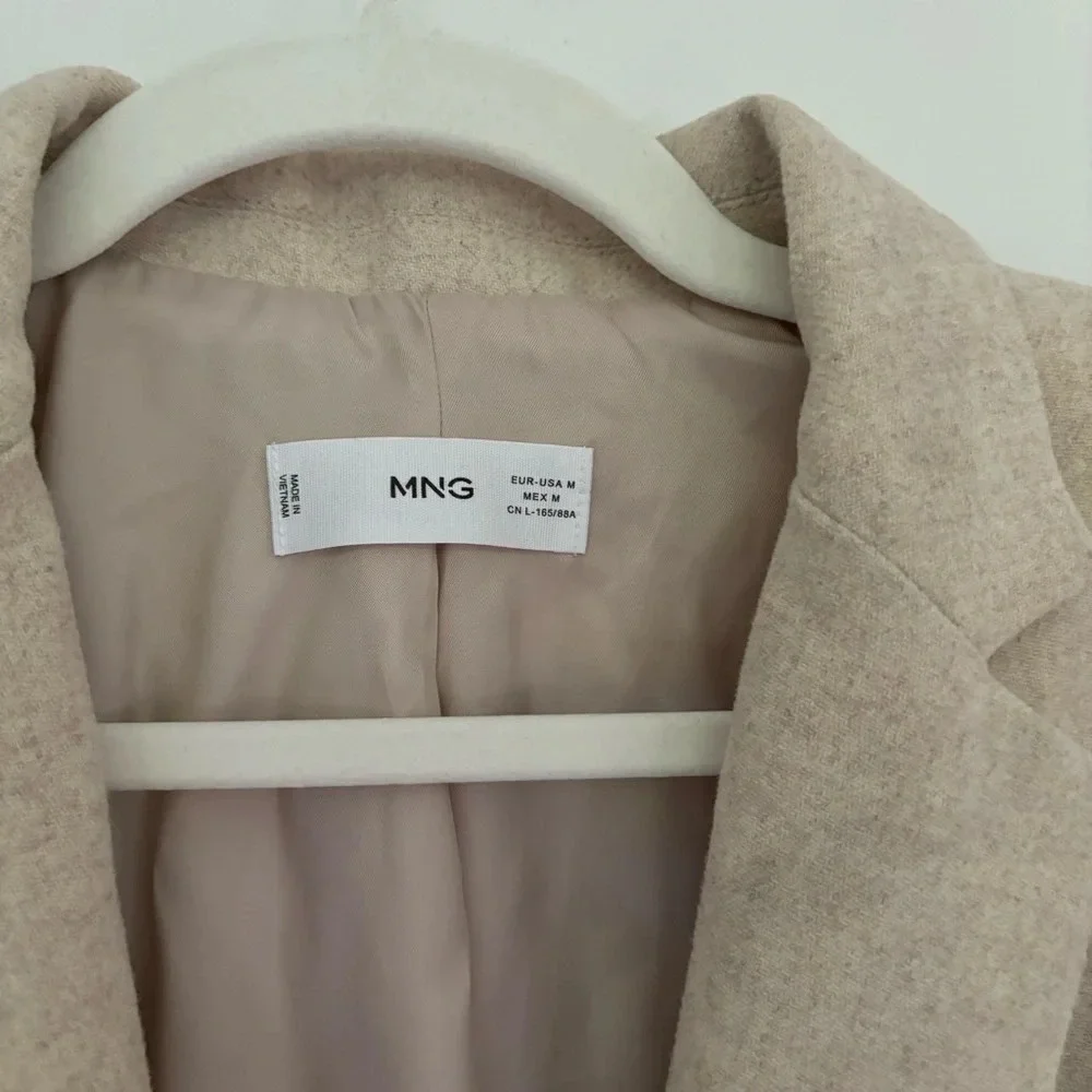 Mango Wool Blend Long Oversized Blazer Light Beige Oatmeal Size M Shoulder  Pads - Picture 5 of 9